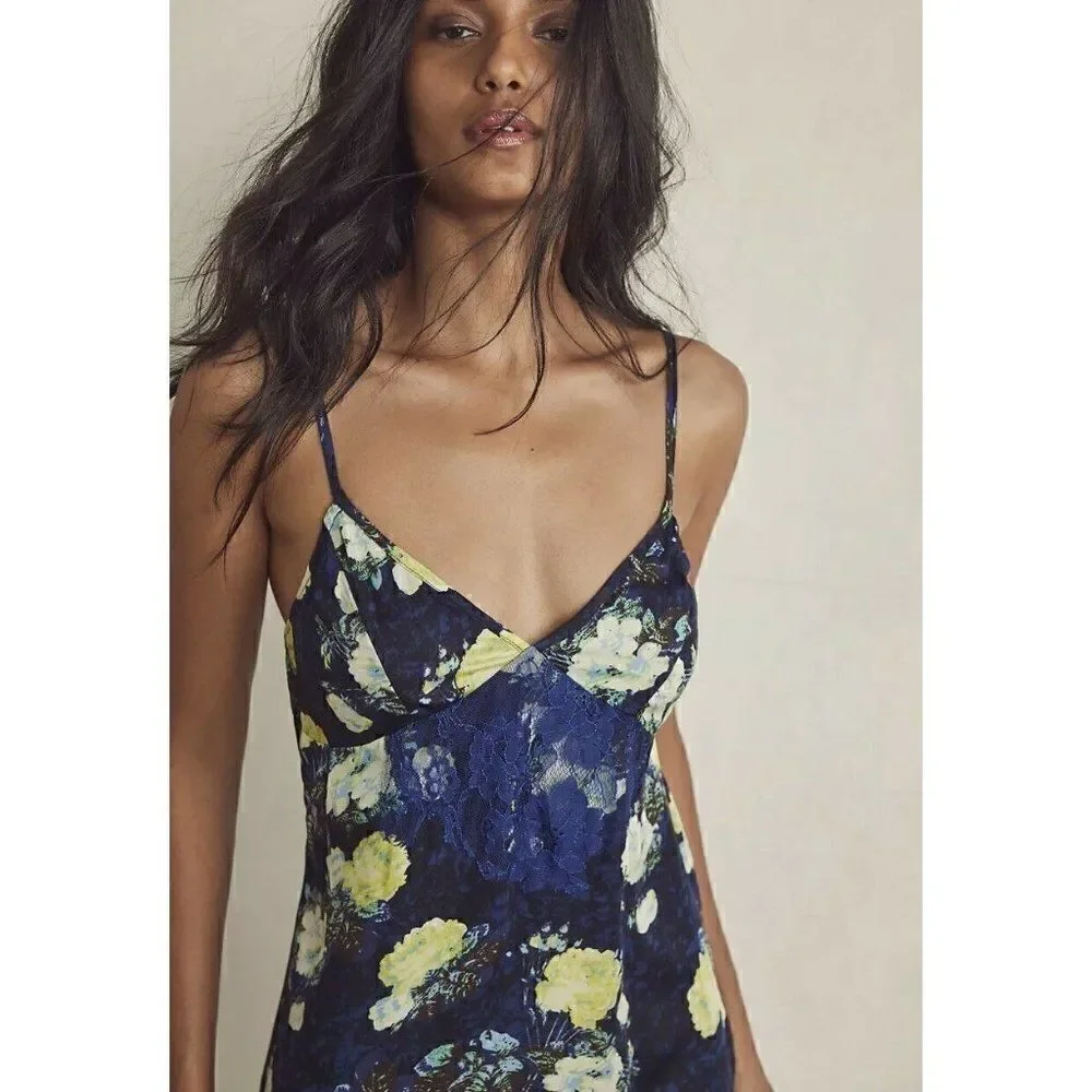 NEW FREE PEOPLE Sz S SUNFADE PRINTED LACE EMBROIDERED SLIP  DRESS NIGHT COMBO